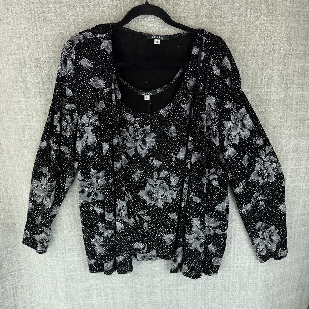 Onyx Nite Outfit Set Womens 2XL Black Floral Glitter Tank Jacket Stretch